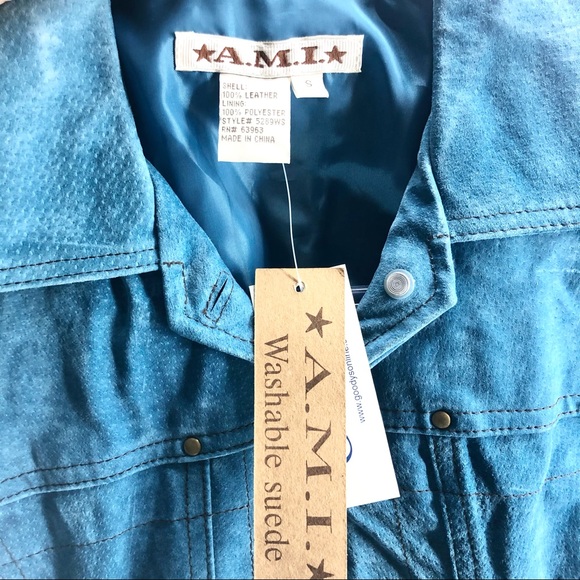 AMI Small Turquoise Blue 100% Leather Washable Suede Full Zip Collar Jacket NWT - Picture 2 of 8